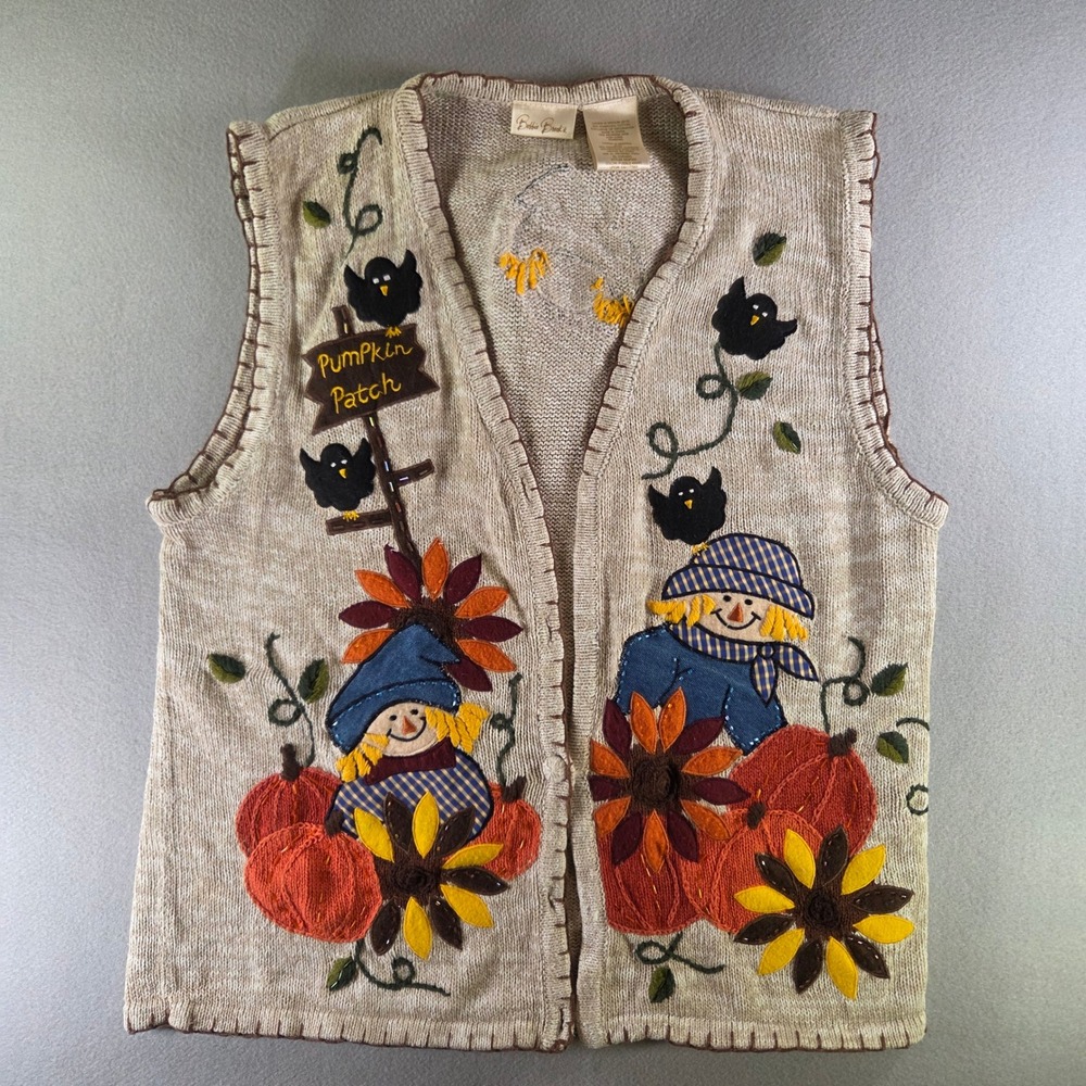 Vintage Bobbie Brooks Pumpkin Patch Scarecrow Sweater Vest Khaki Medium Fall